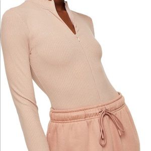 Beige Full Zip Long Sleeved Bodysuit